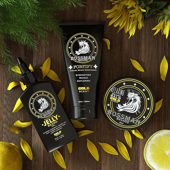 Bossman Essentials Beard Kit for Men - Beard Oil Jelly, Fortifying Conditioner Cream, Beard Balm - Grooming Growth Care Accessories (Gold)