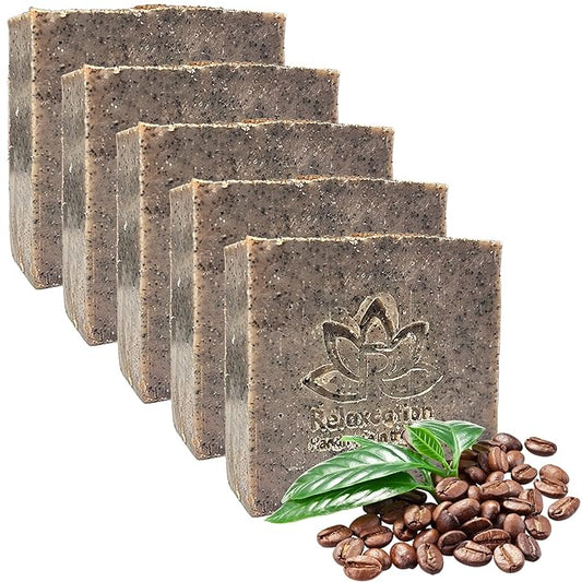 Handmade Coffee Scrub Soap Bar – Natural Exfoliating Soap with Fresh Ground Coffee, Cocoa Butter & Latte Aroma – Cold Process Body Scrub Bar - (5 bars)
