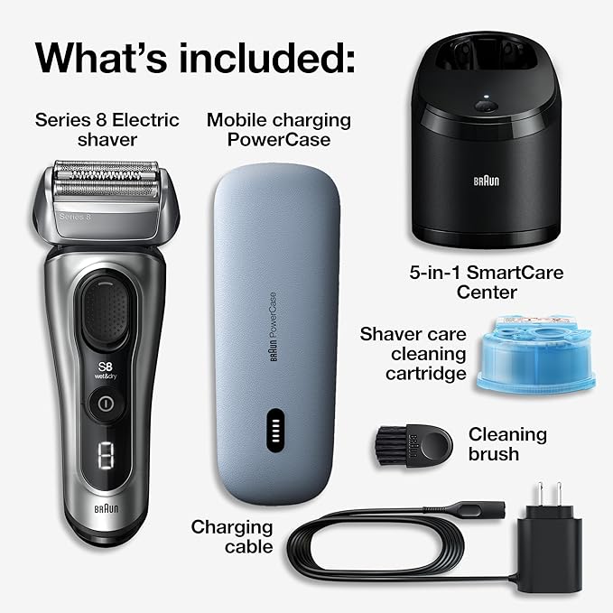 Braun Series 8 Electric Shaver, Shaving Kit with 4+1 Shaving Elements, Precision Long Hair Trimmer, SmartCare Center, PowerCase