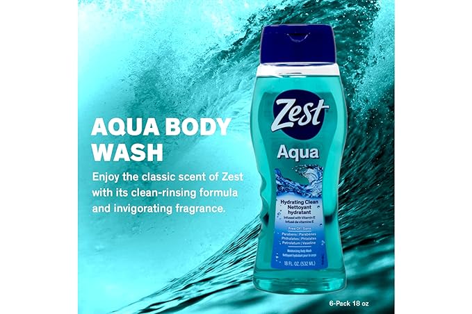 Zest Aqua Hydrating Body Wash, 18 Fl Oz (Pack of 6) - Moisturizing & Refreshing Shower Gel, Easily Lathers for a Relaxing Bubble Bath - Foaming & Exfoliating Skin Cleanser for a Smooth & Clean Skin