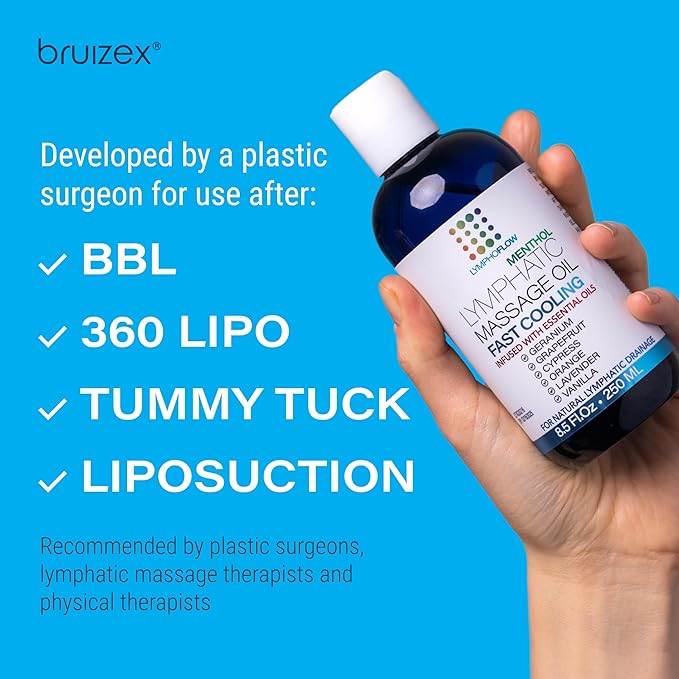 Lymphatic Drainage Massage Oil with Arnica & Coconut Oil, Cooling Menthol for Relief, Post Surgery Recovery & Lipedema, Liposuction, 360 Lipo, BBL, Tummy Tuck, Fibrosis Treatment, 8.5 Oz