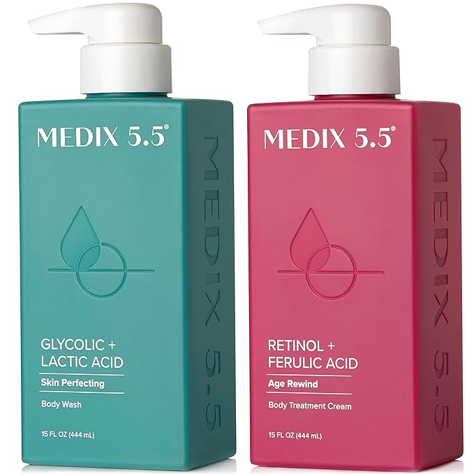 Medix 5.5 Exfoliating AHA Glycolic Acid Face & Body Wash Cleanser + Retinol Moisturizing Body Cream Lotion Skin Care 2PC Set | Alpha Hydroxy Acid & Lactic Acid Foaming Face Wash, 2-PC