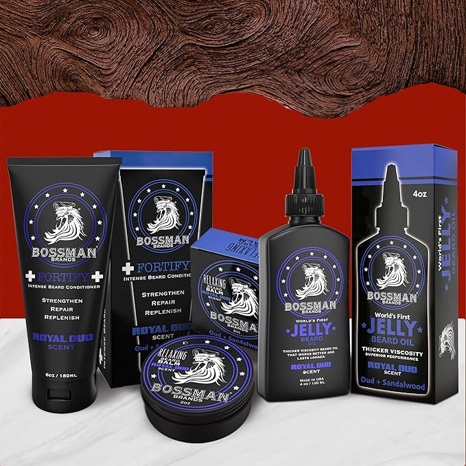 Bossman Essentials Beard Kit for Men, Set of 3 - Beard Oil Jelly, Fortifying Conditioner Cream, Beard Balm - Grooming Growth Care Accessories (Royal Oud)