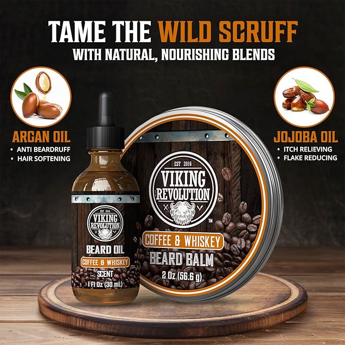Viking Revolution Coffee and Whiskey Beard Balm for Men (2oz) and Beard Oil (1 fl oz) Kit - With Argan and Jojoba Oils - Soften and Moisturize - Stocking Stuffers for Men
