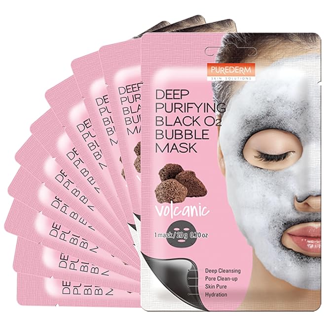 Purederm Deep Purifying Black O2 Bubble Mask Volcanic (10 Pack) - Bubble Face Sheet Mask for Purifying & Deep Cleansing