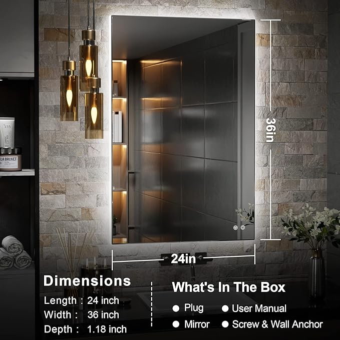 TETOTE 24 x 36 Inch LED Mirror Backlit Bathroom,Anti-Fog Mirror with Light,Dimmable,CRI90+,IP54 Water Proof,Wall Mounted Vanity Lighted,Horizontal/Vertical
