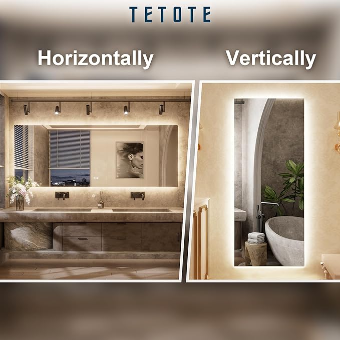 TETOTE 60 x 36 Inch LED Backlit Bathroom Mirror with Lights, 3Color White/Warm/Natural, Anti-Fog Lighted Mirror,Dimmable,Vanity Mirror,Wall Mounted
