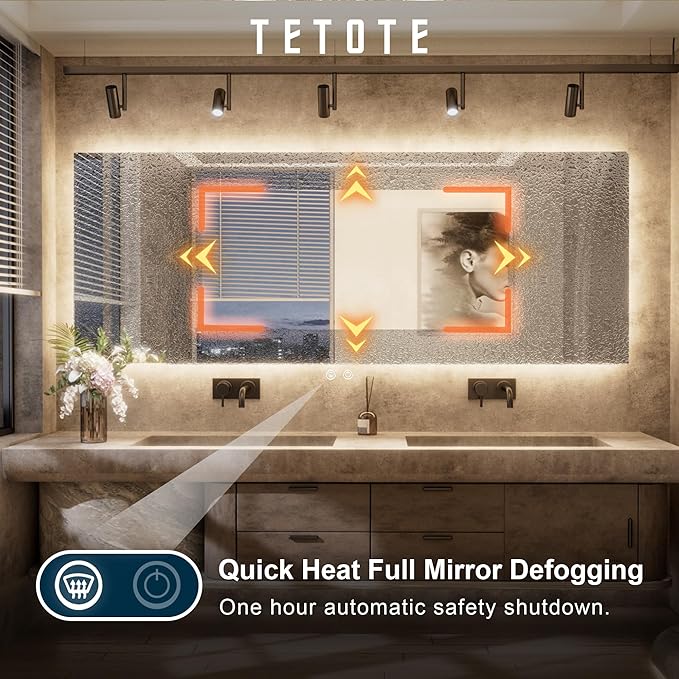 TETOTE 30 x 36 Inch LED Backlit Bathroom Mirror with Lights, 3Color White/Warm/Natural, Anti-Fog Lighted Mirror,Dimmable,Vanity Mirror,Wall Mounted
