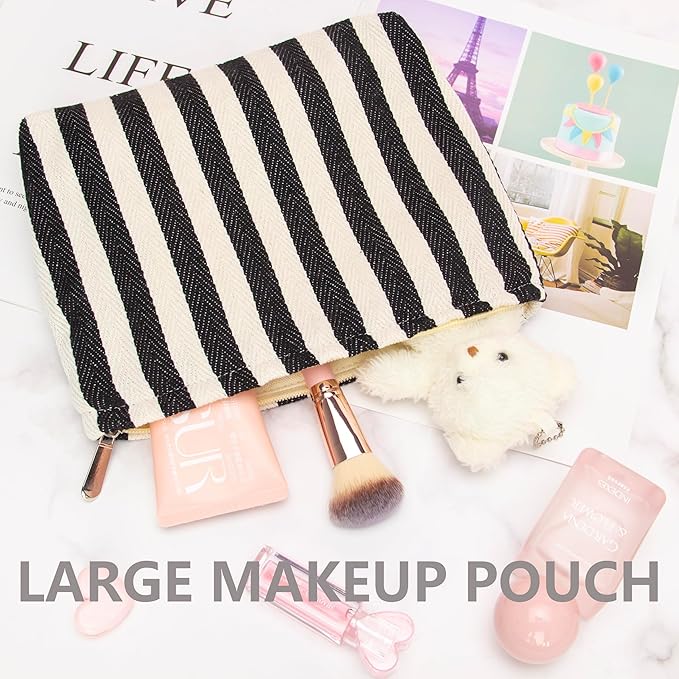 PAZIMIIK Makeup Bag Large Cotton Zipper Pouch for Purse Travel Canvas Make Up Organizer for Women Cosmetic,Stripe Black White