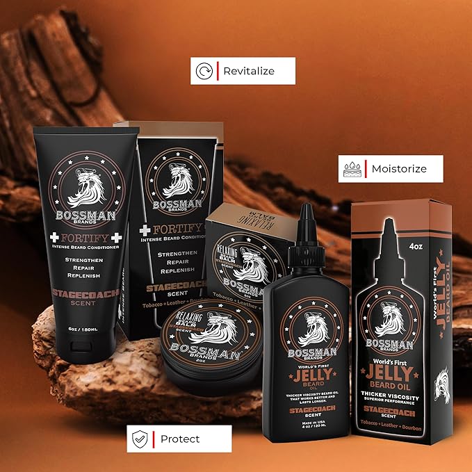 Bossman Essentials Beard Kit for Men, Set of 3 - Beard Oil Jelly, Fortifying Conditioner Cream, Beard Balm - Grooming Growth Care Accessories (Stagecoach)