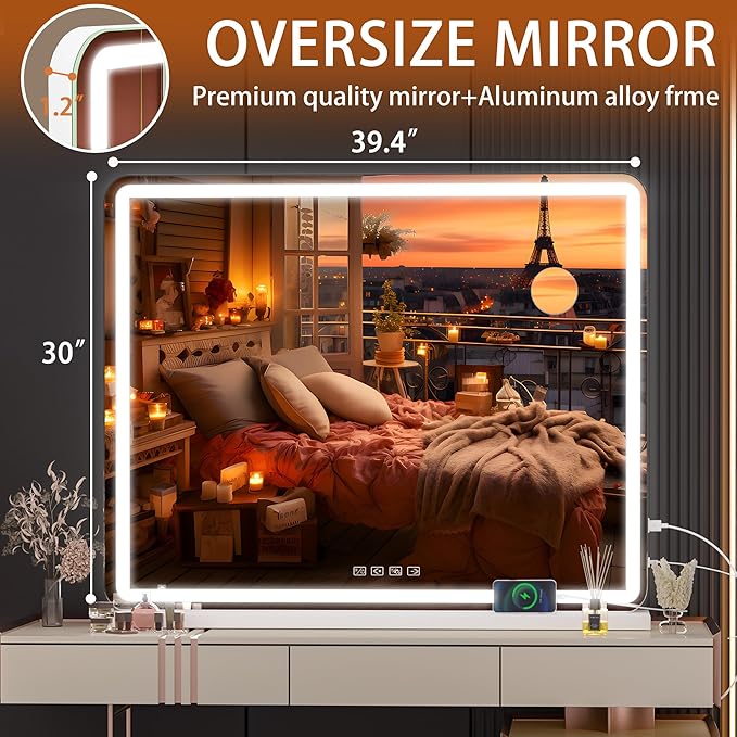 Hasipu Vanity Mirror with Lights and Bluetooth Speaker, 39.4" x 29.5" LED Makeup Mirror, Lighted Makeup Mirror with Dimmable 3 Modes, USB Charging Port, Round White