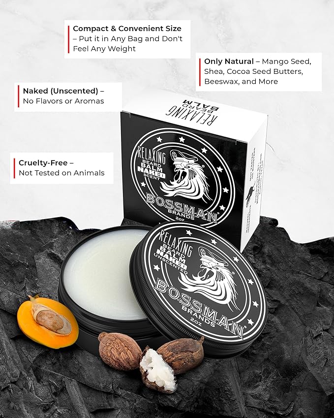 Bossman Relaxing Beard Balm for Men (Naked - Unscented) – Tames, Relaxes, Thickens & Softens for Ultimate Beard Care – Made in USA