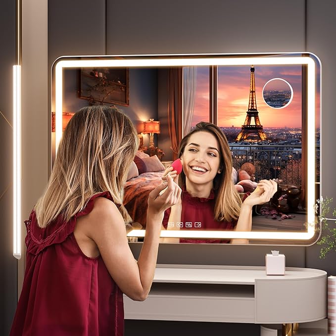Hasipu Vanity Mirror with Lights and Bluetooth Speaker, 32" x 21.7" LED Makeup Mirror, Lighted Makeup Mirror with Dimmable 3 Modes, USB Charging Port, Round White