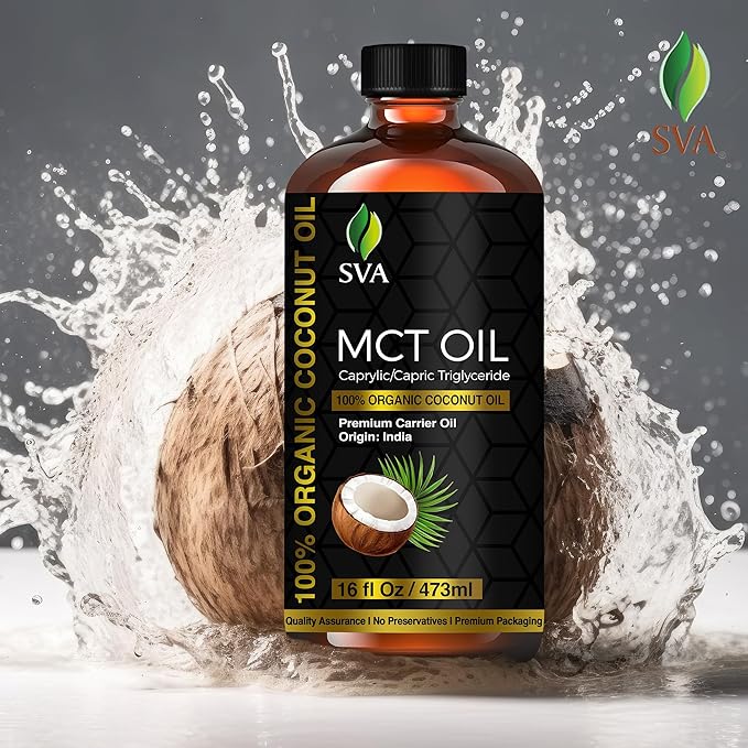 SVA MCT Oil Organic - 16 Fl Oz – 100% Natural Cold Pressed Organic MCT Oil - for Face, Skin Care, Hair Care, Scalp Massage & Body Massage – Carrier Oil