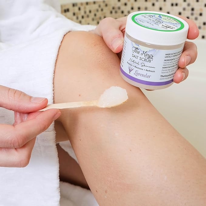 The Keys Salt Scrub - Lavender Sea Salt Scrub - Exfoliating Body Scrub with Wooden Spoon - Moisturizing Exfoliator for Face, Hands, Foot, Bath, Manicure & Pedicure, and Bikini Area Skin Care (3.4 oz.)