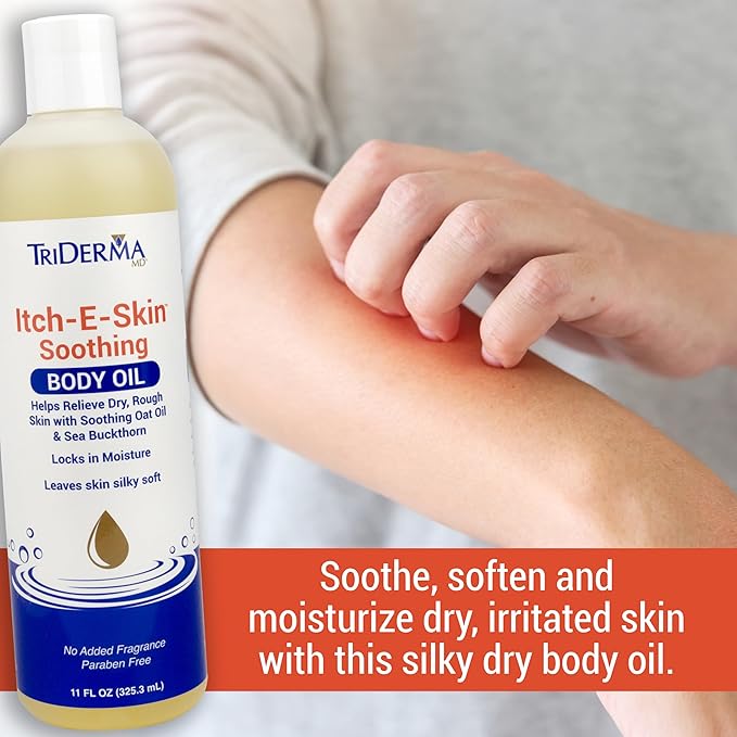Itch-E-Skin Soothing and Moisturizing Body Oil with Sea Buckthorn Oil, Rose Hip Oil, Oat Oil to Relieve Itchy Skin, Non-Greasy Dry Body Oil, 12 ounces