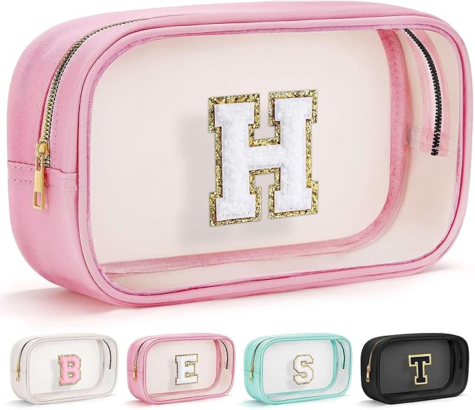 YOOLIFE Travel Toiletry Bag for Women, Pink Clear Makeup Bag Cute Make Up Bag for Women Cosmetic Bags Skin Care Makeup Bag Organizer Birthday Gifts for Women Teacher Mother Girlfriend Initial H