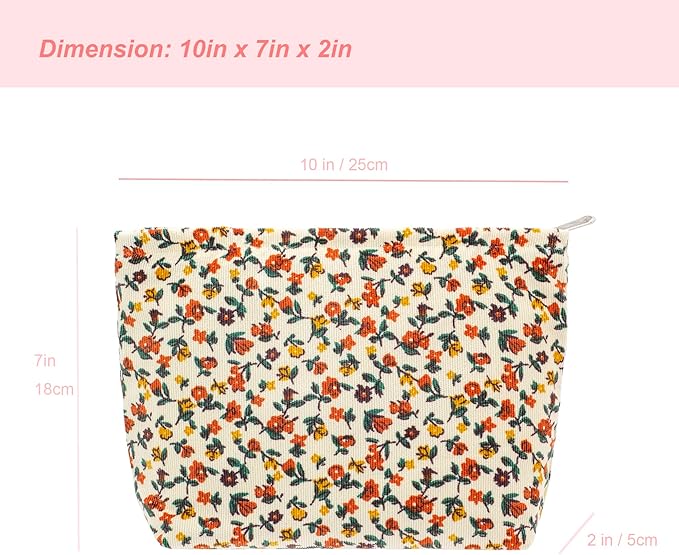 PAZIMIIK Makeup Bag Large Zipper Corduroy Make Up Pouch for Purse Travel Canvas Cosmetic Organizer for Women Brush Storage,Floral White