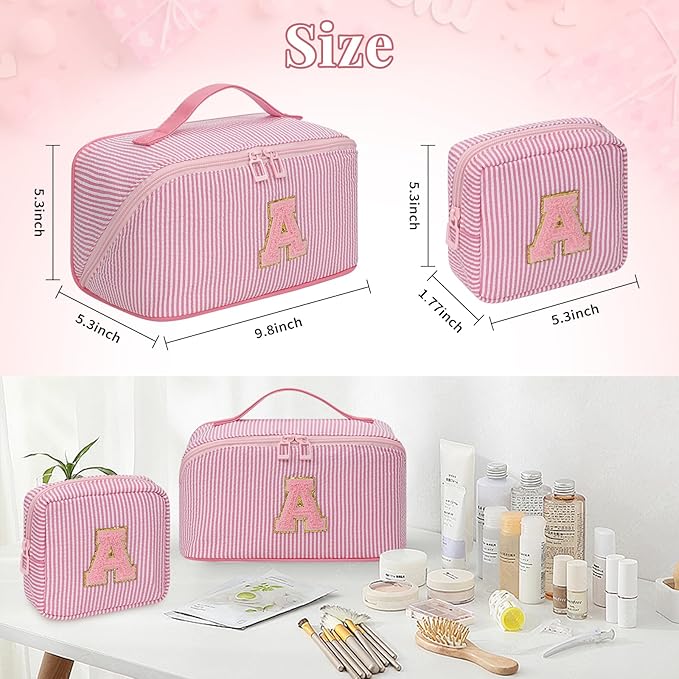 Travel Makeup Bag for Women, 2Pcs Portable Personalized Initial Makeup Organizer Bag, Open Flat Large Cosmetic Bag With Travel Essential Pouch (Pink Letter S)