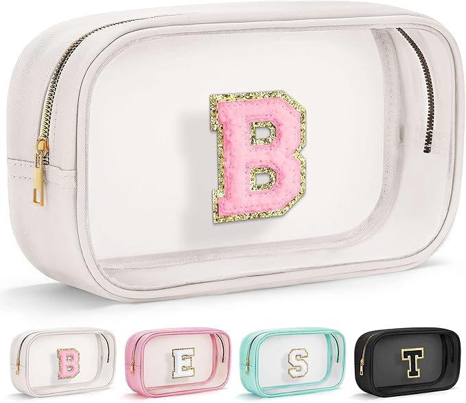 YOOLIFE Initial Travel Makeup Bag Pouch, Clear Toiletry Bag for Women Travel Accessories Cosmetic Bag Skin Care for Teen Make Up Bags Birthday Gifts for Women Unique Teacher Mom Friends Gifts White B