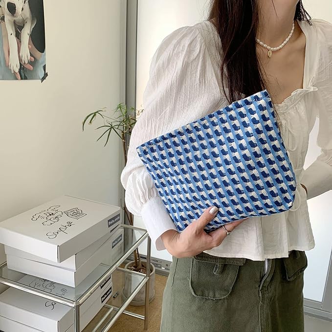 Makeup Bags for Purse Zipper Cosmetic Pouch Large Travel Canvas Make Up Organizer Tool Pouch for Women and Girls,Grid Blue