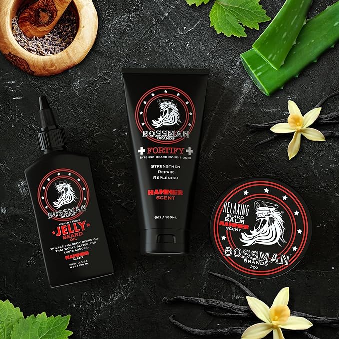 Bossman Essentials Beard Kit - Made in USA - Jelly Beard Oil - Conditioner - Beard Balm - Natural Ingredients (Hammer Scent)