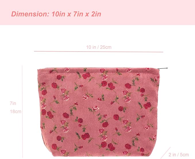 PAZIMIIK Makeup Bag Large Zipper Corduroy Make Up Pouch for Purse Travel Canvas Cosmetic Organizer for Women Brush Storage,Vintage Rose Red