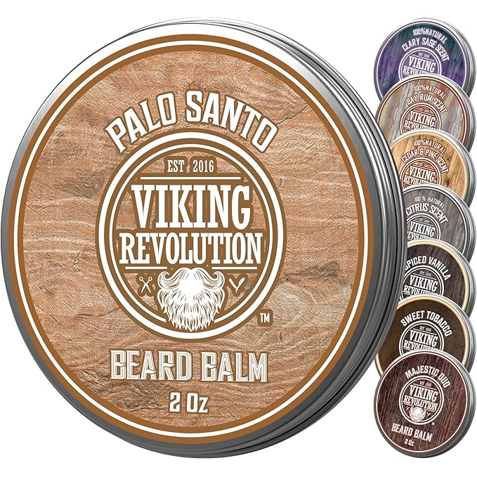 Viking Revolution Palo Santo Beard Balm for Men - Beards Butter for Men with Argan Oil and Jojoba Oil - Beard Softener and Moisturizer for Mens Beards Styling Balm (1 Pack, 2oz)