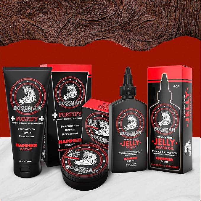 Bossman Essentials Beard Kit - Made in USA - Jelly Beard Oil - Conditioner - Beard Balm - Natural Ingredients (Hammer Scent)