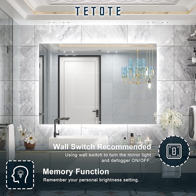 TETOTE 48 x 36 Inch LED Backlit Bathroom Mirror with Lights, LED Vanity Mirror, Frameless, Anti-Fog, Dimmable, CRI90+, Touch Button,Water Proof, Horizontal/Vertical Wall Mounted