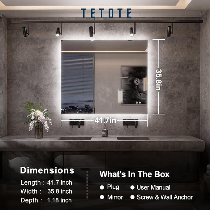 TETOTE 42 x 36 Inch LED Mirror Backlit Bathroom,Anti-Fog Mirror with Light,Dimmable,CRI90+,IP54 Water Proof,Wall Mounted Vanity Lighted,Horizontal/Vertical