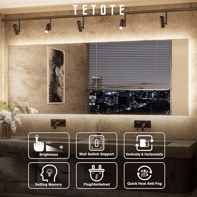 TETOTE 30 x 36 Inch LED Backlit Bathroom Mirror with Lights, 3Color White/Warm/Natural, Anti-Fog Lighted Mirror,Dimmable,Vanity Mirror,Wall Mounted