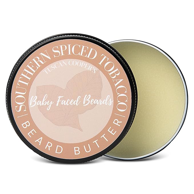 Tuscan Cooper's Baby Faced Beards Butter for Men - Moisturizing Beard Balm Cream and Softener for All Hair Types Including Coarse Hair - 4oz Hydration and Conditioning Care - Southern Spiced Tobacco