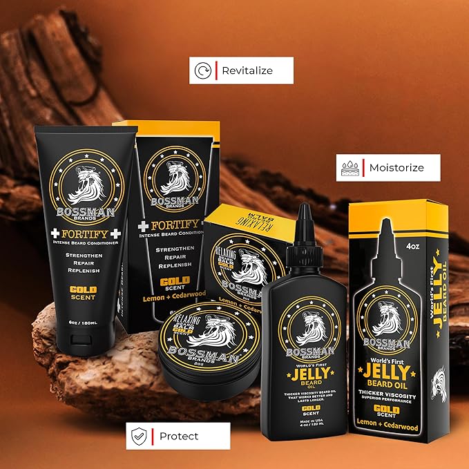 Bossman Essentials Beard Kit for Men - Beard Oil Jelly, Fortifying Conditioner Cream, Beard Balm - Grooming Growth Care Accessories (Gold)