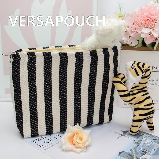 PAZIMIIK Makeup Bag Large Cotton Zipper Pouch for Purse Travel Canvas Make Up Organizer for Women Cosmetic,Stripe Black White
