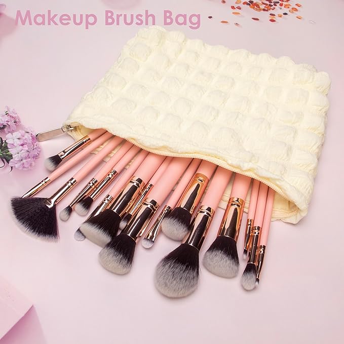 PAZIMIIK Floral Makeup Bag Large Cotton Zipper Pouch for Purse Travel Canvas Make Up Organizer for Women Cosmetic,Bubble Beige