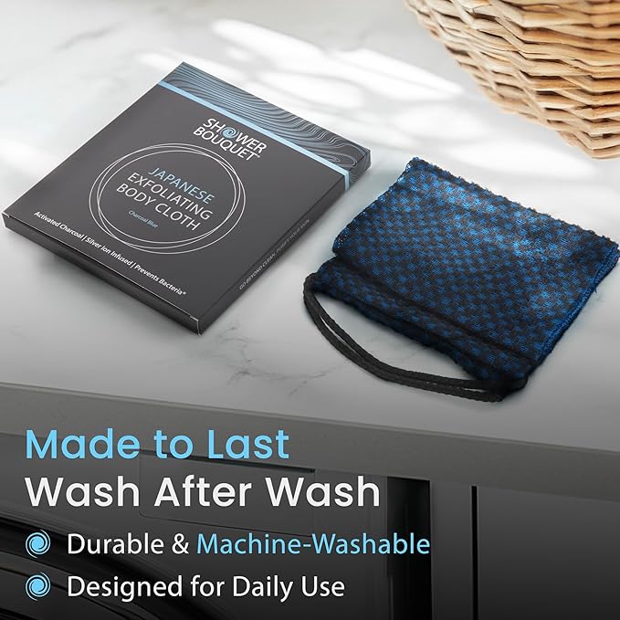 Japanese Exfoliating Washcloth for Back & Body - Charcoal & Silver Ion Exfoliating Towel with Handles - Two-Sided Gentle Exfoliation & Deep Cleansing Soft Body Wash Cloths for Shower - Blue