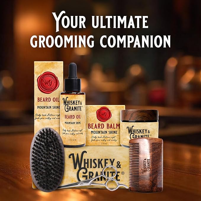 Whiskey & Granite Beard Kit for Men – 100% Natural Ingredients (Mountain Shine). Includes beard oil and balm, comb, brush, and scissors.