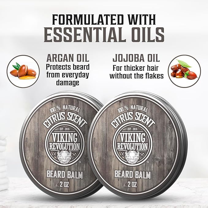 Viking Revolution Citrus Beard Balm - Beard Butter with Argan Oil, Beard Softener for Men with Jojoba Oil - Beard Moisturizer for Men with Beeswax - Beard Wax for Men with Mango Butter (2oz, 2 Pack)