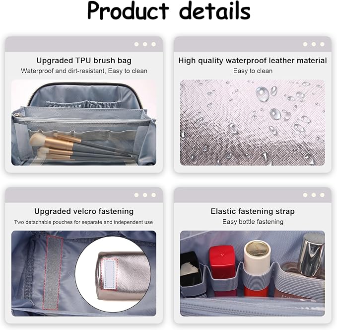 BOYATU Travel Makeup Bags for Women: Vegan Leather Cosmetic Bag Set of 3 - Large Capacity Make up Bag with Divider - Wide Open Waterproof Toiletry Organizer Bag with Handle (05-Gray)