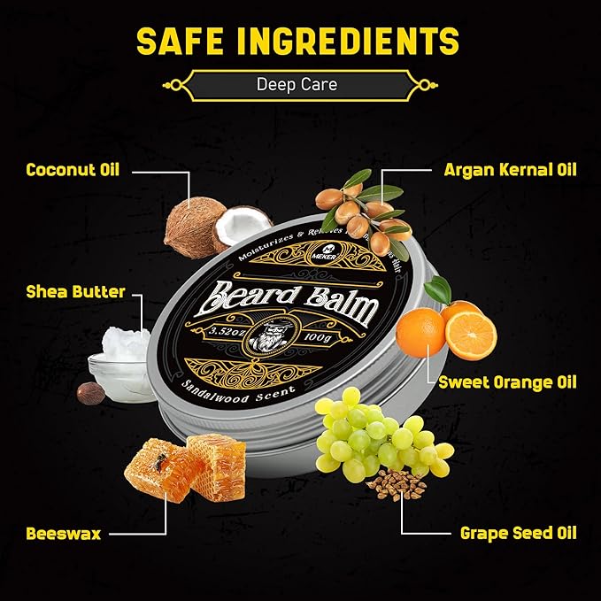 MEKER Beard Balm, Beard Softening Leave-in Balm with Brush, All-Natural Anti-Itch, Organic Beard Conditioner for Softening, Stops Itch, Grows, 3.52 OZ