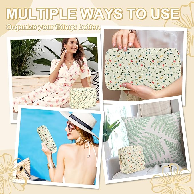 Waterproof Small Floral Pencil Case Makeup Bag for Purse,Cute Flower Pencil Pouch Preppy Nylon Makeup Brush Holder with Zipper,Girls Portable Storage Case Pen Bag for Work(Slim Light Yellow-Flowers)