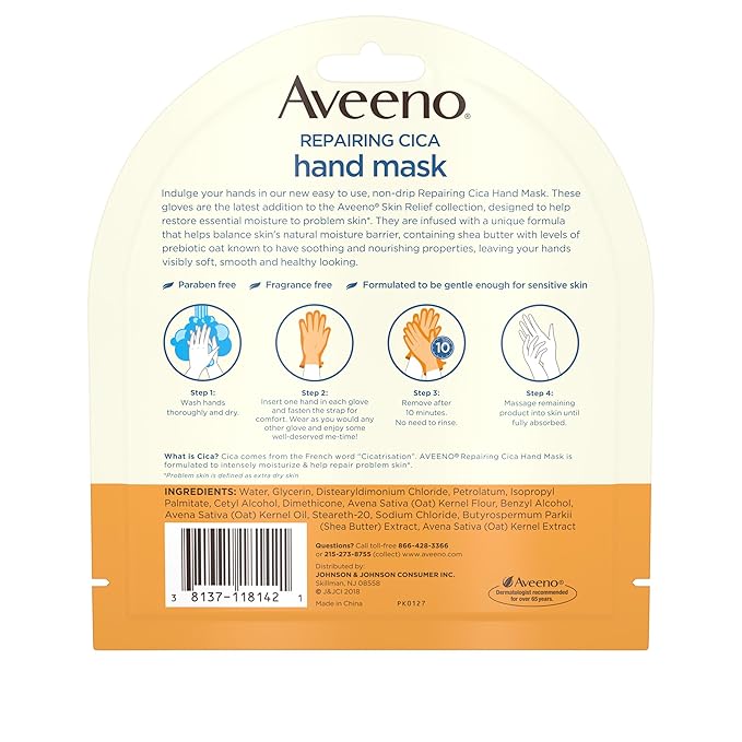Aveeno Skin Relief Repairing Hand Mask, Moisturizing Gloves with Prebiotic Oat & Shea Butter for Very Dry Skin, Hand Care for Sensitive Skin, Fragrance-Free, 1 Pair of Single-Use Gloves (Pack of 4)