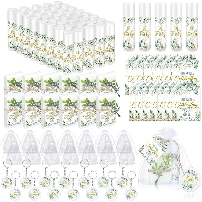 60 Sets 360 Pcs Lip Balm Soap Keychain Favors Eucalyptus Greenery Baby Shower Favors with Organza Bag Gift Card Faux Eucalyptus Greenery for Baby Shower Gift Gender Reveal Guest Prize