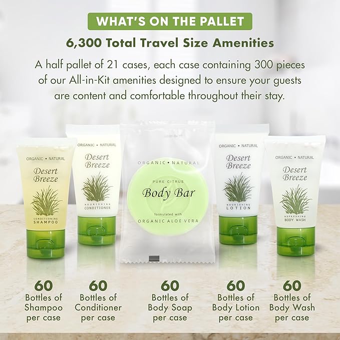Desert Breeze Hotel Soaps and Toiletries Bulk Set | 1oz Hotel Shampoo & Conditioner, Body Wash, Body Lotion & Bar Soap | Half Pallet 21 cases with 300 units each - 6,300 pieces