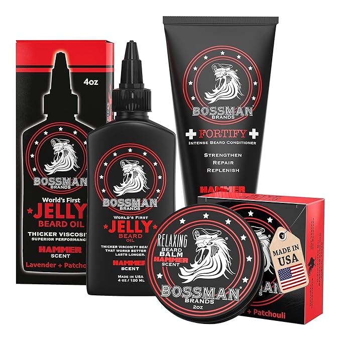 Bossman Essentials Beard Kit - Made in USA - Jelly Beard Oil - Conditioner - Beard Balm - Natural Ingredients (Hammer Scent)