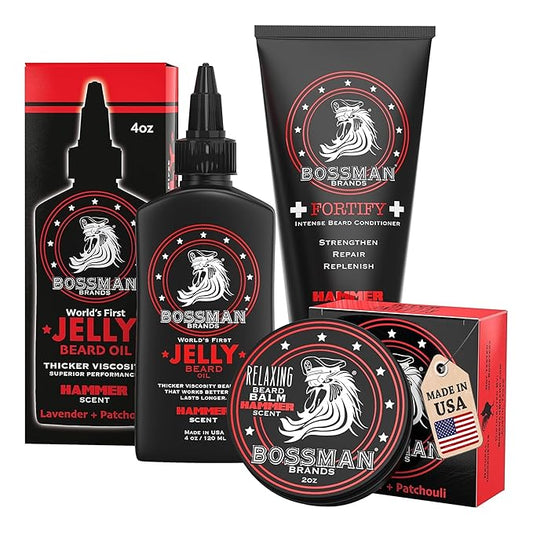Bossman Essentials Beard Kit - Made in USA - Jelly Beard Oil - Conditioner - Beard Balm - Natural Ingredients (Hammer Scent)