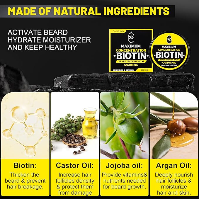Beard Balm, Maximum Concentration BIOTIN, with Castor Oil and Argan & Jojoba Oils, Promotes Beard Growth, Styles, Strengthens & Softens Beards & Mustaches, 2 Ounce，Sandalwood