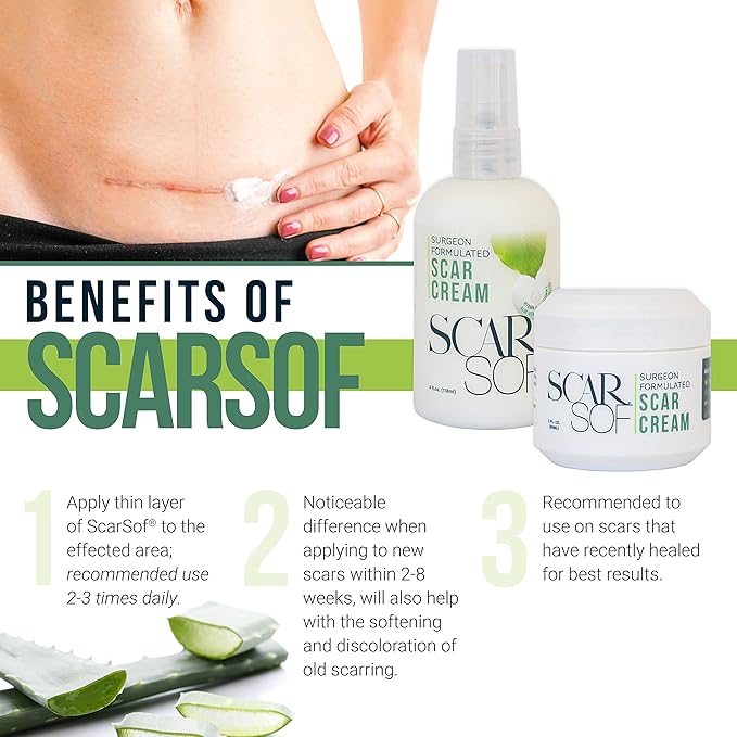 ScarSof Scar Cream - Advanced Scar Cream Made with 100% Organic Aloe Vera and All Natural Emu Oil - Helps Scar Appearance and Overall Skin Health - 4 oz