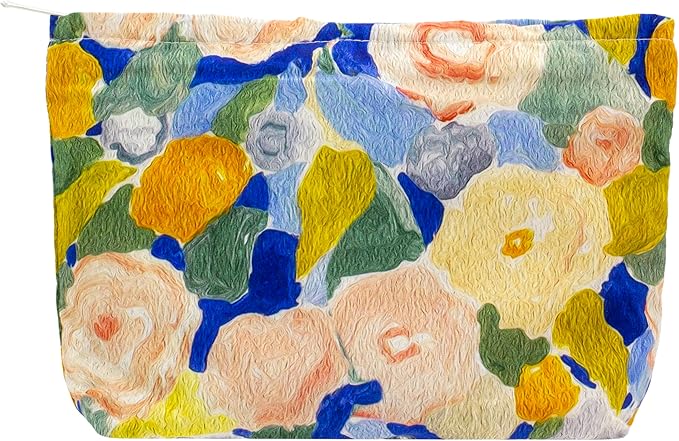 PAZIMIIK Floral Makeup Bag Large Cotton Zipper Pouch for Purse Travel Canvas Make Up Organizer for Women Cosmetic,Garden Blue